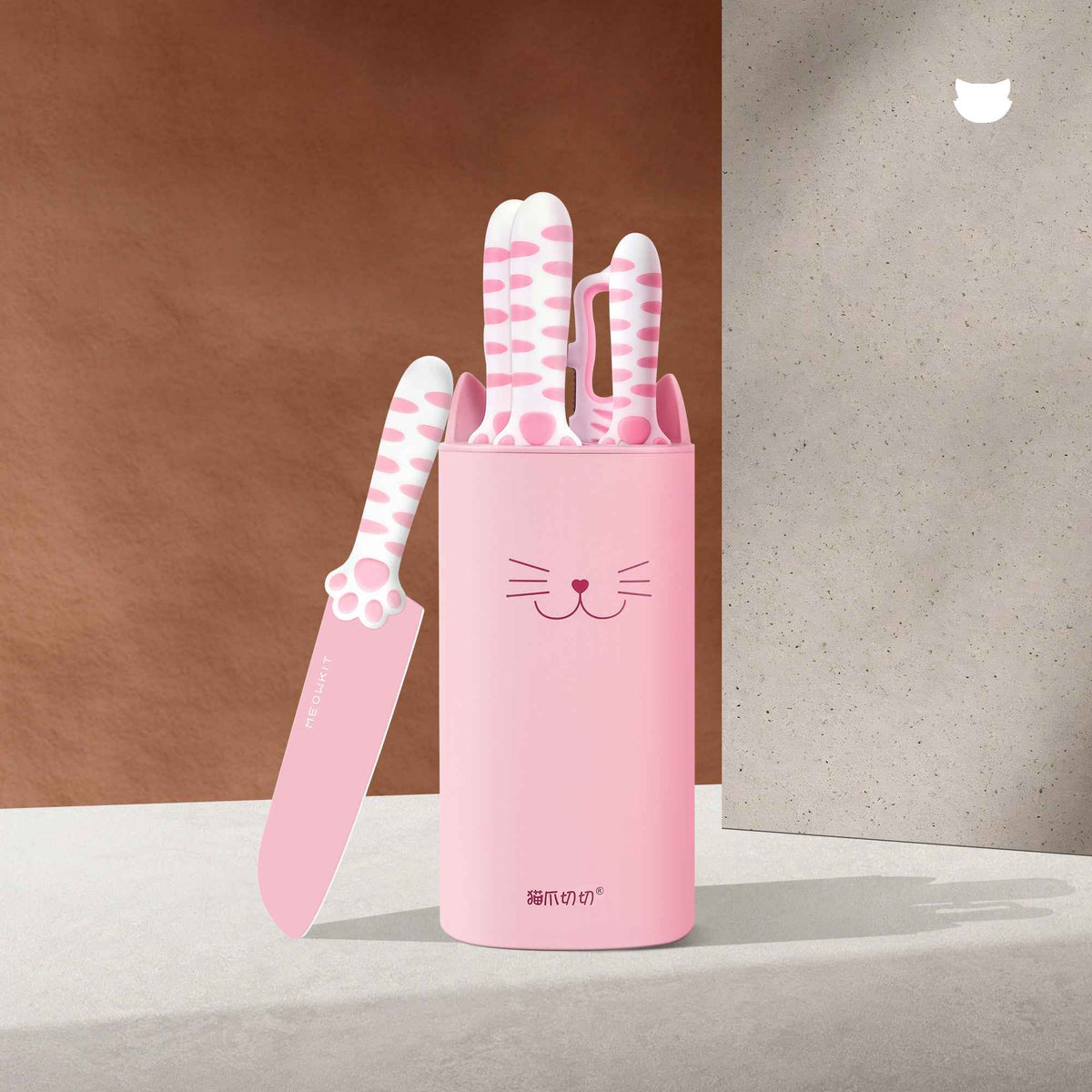Meowkit 5-teiliges Messerset mit abnehmbarem Block – antihaftbeschichtete Klingen (Sakura Pink)