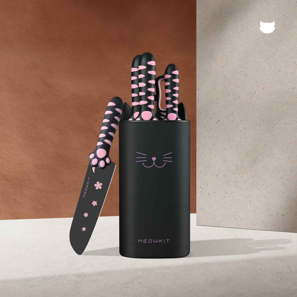 Meowkit 5-Piece Knife Set with Detachable Block – Nonstick Coated Blades (Black & Pink)