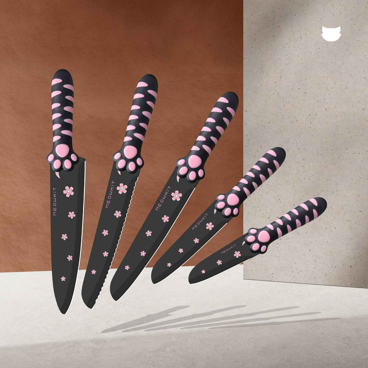 Meowkit Set de 5 couteaux sans bloc détachable – Lames revêtues antiadhésives